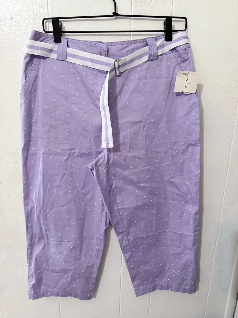 White Stag Lavender Polka Dot Cargo Capri Shorts with Striped Belt